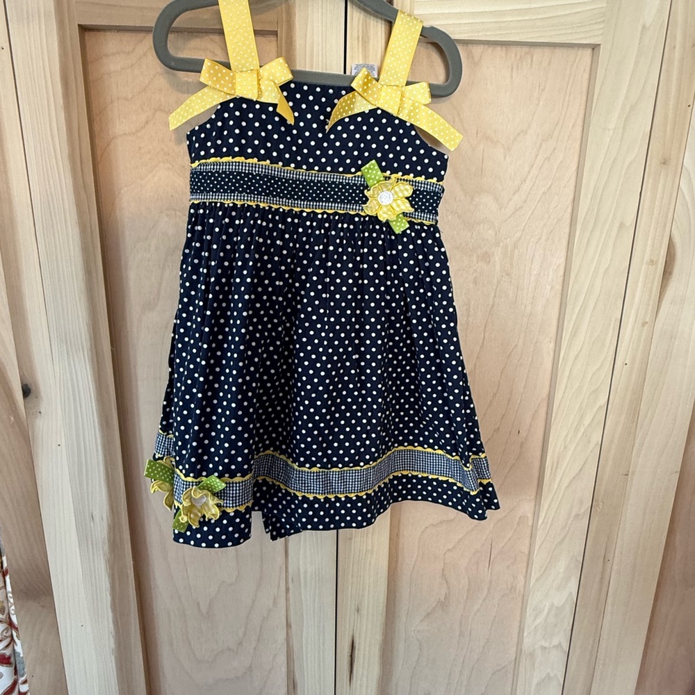 Blueberi Boulevard Navy Dress with Yellow Polka Dots